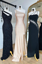 Champagne One-Shoulder Beaded Prom Dress with Mermaid Silhouette and Slit