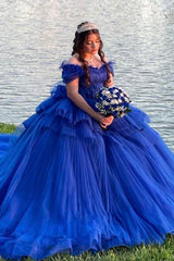 Off the Shoulder Royal Blue Tulle Quinceanera Ball Gown with Train