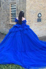 Off the Shoulder Royal Blue Tulle Quinceanera Ball Gown with Train