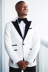 Popular White Jacquard Wedding Groom Suit with Peaked Lapel