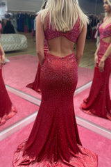 Burgundy Mermaid Prom Dress with Deep V Neck and Beaded Cut Outs