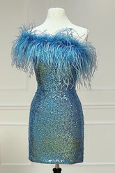 Light Blue Sparkly Tight Sequins Homecoming Dress/Mini Dress with Feathers
