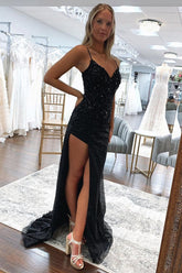 Black Sequins Long Prom Dress with Mermaid Spaghetti Straps and Criss Cross Back