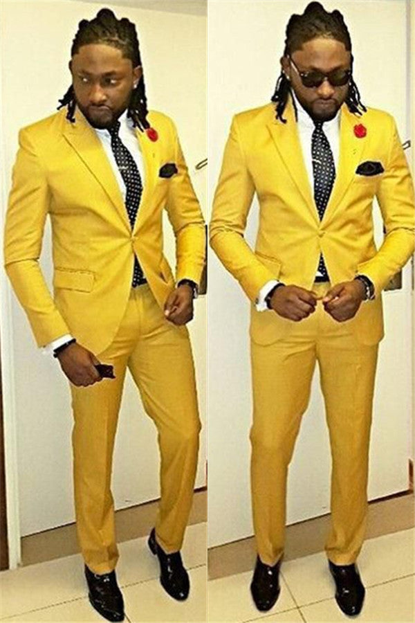 Handsome Yellow Peaked Lapel Casual Prom Outfits for Guys with One Button