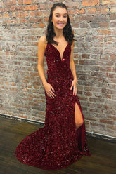 Burgundy Sequined Long Prom Dress with Deep V Neck and Silt in Mermaid Style