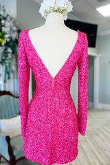 Sparkly Fuchsia Long Sleeves Sequin Tight Short Homecoming Dress/Mini Dress