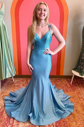 Light Blue Long Prom Dress with Mermaid Spaghetti Straps and Beading