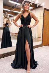 Long Black Sparkly Prom Dress in A-Line Style Featuring Pockets