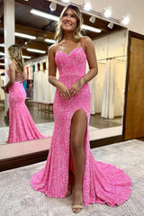Long Purple Sequined Prom Dress with Mermaid Halter and Criss Cross Back