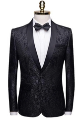 Unique Slim Fit Two-Piece Black Jacquard Shawl Lapel Men's Suits Wedding Groom Tuxedos