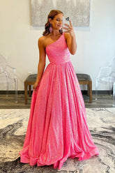 Pink Sparkling One-Shoulder A-Line Sequin Prom Gown