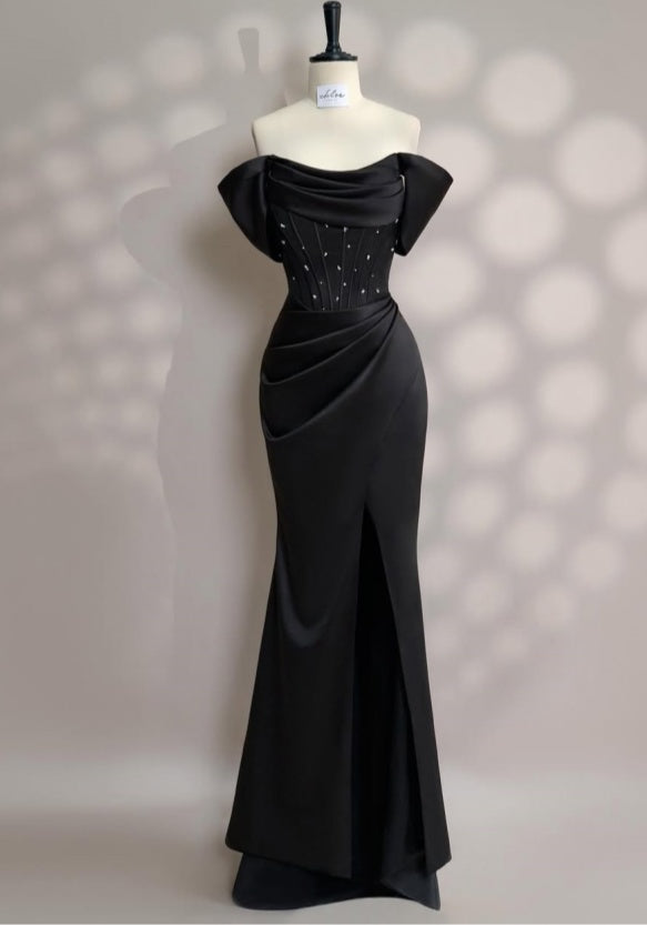 Black Off-The-Shoulder Split Bow Evening Dress