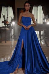 Pink Strapless A Line Sleeveless Sequins Long Formal Dress With Front Split