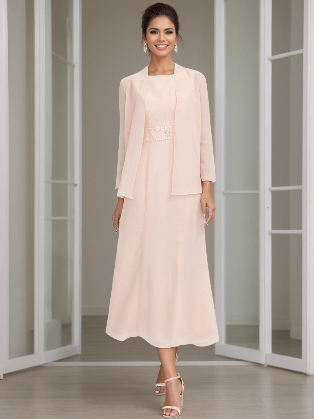 Tea-Length Mother of the Bride Sheath Dress with Beaded Jacket
