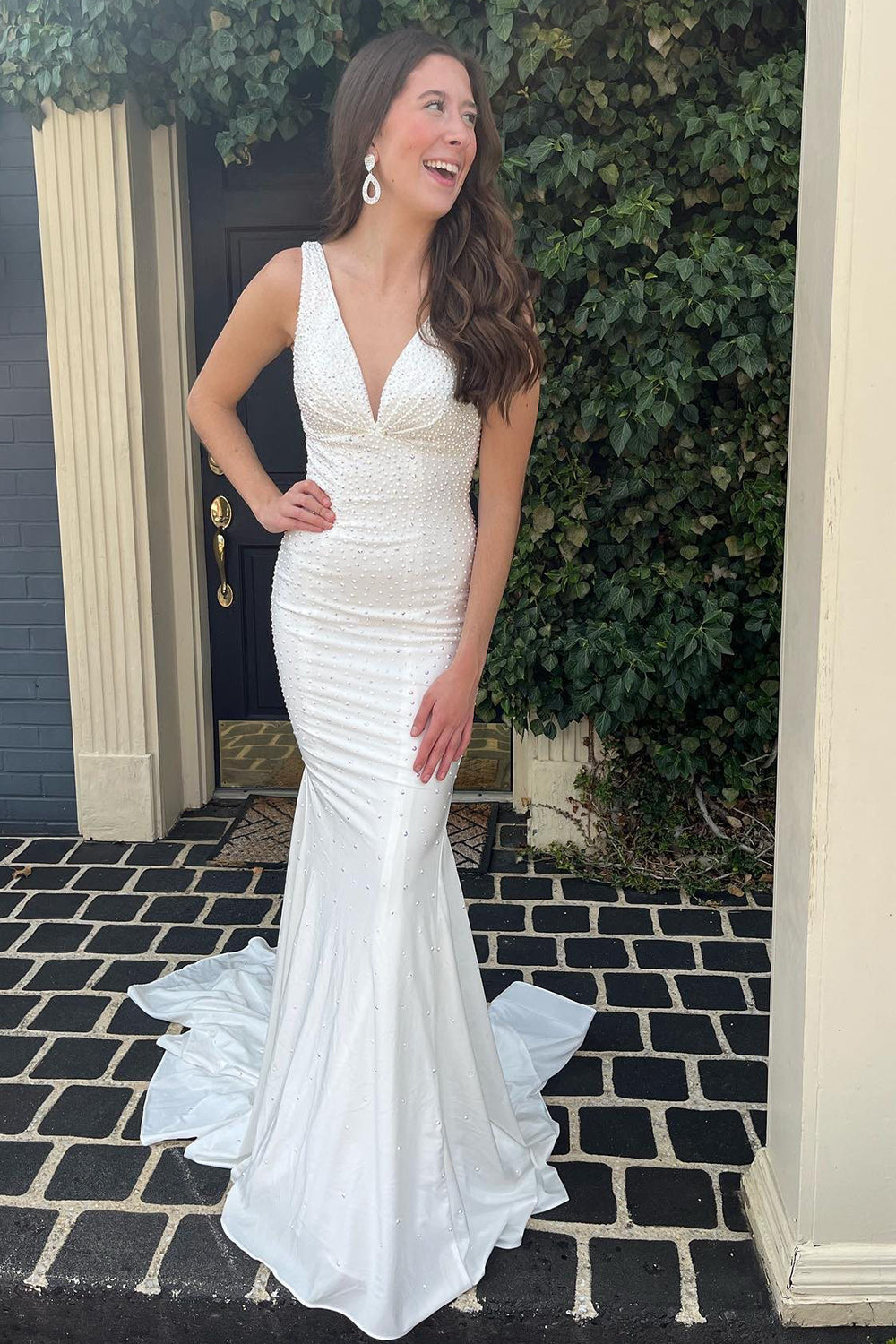 White Long Prom Dress with Beading in a Mermaid Deep V Neck