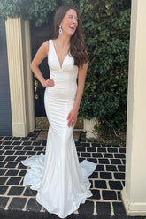 White Long Prom Dress with Beading in a Mermaid Deep V Neck