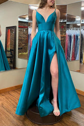 Simple Blue Prom Dress in A-line Style with Slit