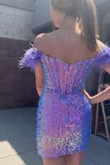 Sparkly Purple Corset Tight Sequins Short Homecoming Dress/Mini Dress with Feathers
