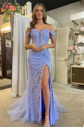 Lavender Off-the-Shoulder Mermaid Corset Prom Dress with Charming Appliques
