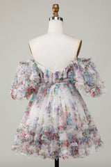 Ivory Puff Sleeves A-Line Floral Short Homecoming Dress/Mini Dress with Ruffles