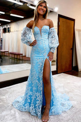 Sweetheart Lace Long Prom Dress with Blue Detachable Sleeves and Slit
