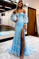 Sweetheart Lace Long Prom Dress with Blue Detachable Sleeves and Slit