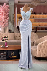 Classic Mermaid Sequins Sweetheart Split Straps Evening Dress With Pleated