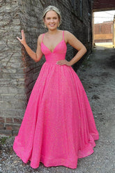 Long A-Line Prom Dress with Fuchsia Sequins and Spaghetti Straps
