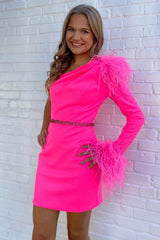 Sparkly Fuchsia One Shoulder Sequined Tight Short Homecoming Dress/Mini Dress with Feathers