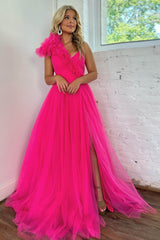 Elegant Fuchsia Long Prom Dress with One Shoulder A-Line and Front Split