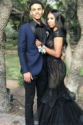 High-Quality Navy Blue Black Silk Lapel Jacob Marriage Blazer Suit with Two-Piece