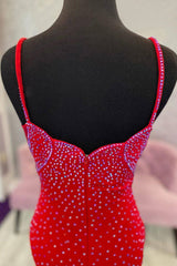 Red Long Prom Dress with Mermaid Spaghetti Straps and Beading