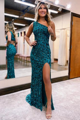Mermaid One Shoulder Long Prom Dress in Sparkly Peacock Blue Sequins with Slit