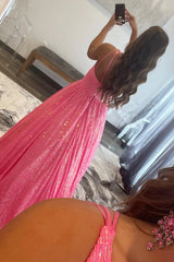 Pink Sparkling One-Shoulder A-Line Sequin Prom Gown