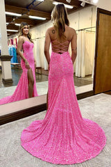 Long Purple Sequined Prom Dress with Mermaid Silhouette and Criss-Cross Halter Back