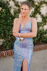 Mermaid Prom Dress in Light Blue with Sequins Spaghetti Straps and Slit
