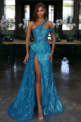 Stunning One Shoulder A Line Formal Dress Tulle Side Split With Appliques