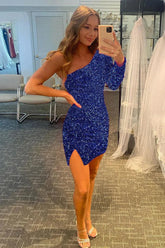 Blue Sequins Homecoming Dress/Mini Dress with Sleeves