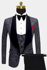 Unique Black Jacquard Men's Suits with Three-Piece Dinner Suits for Prom