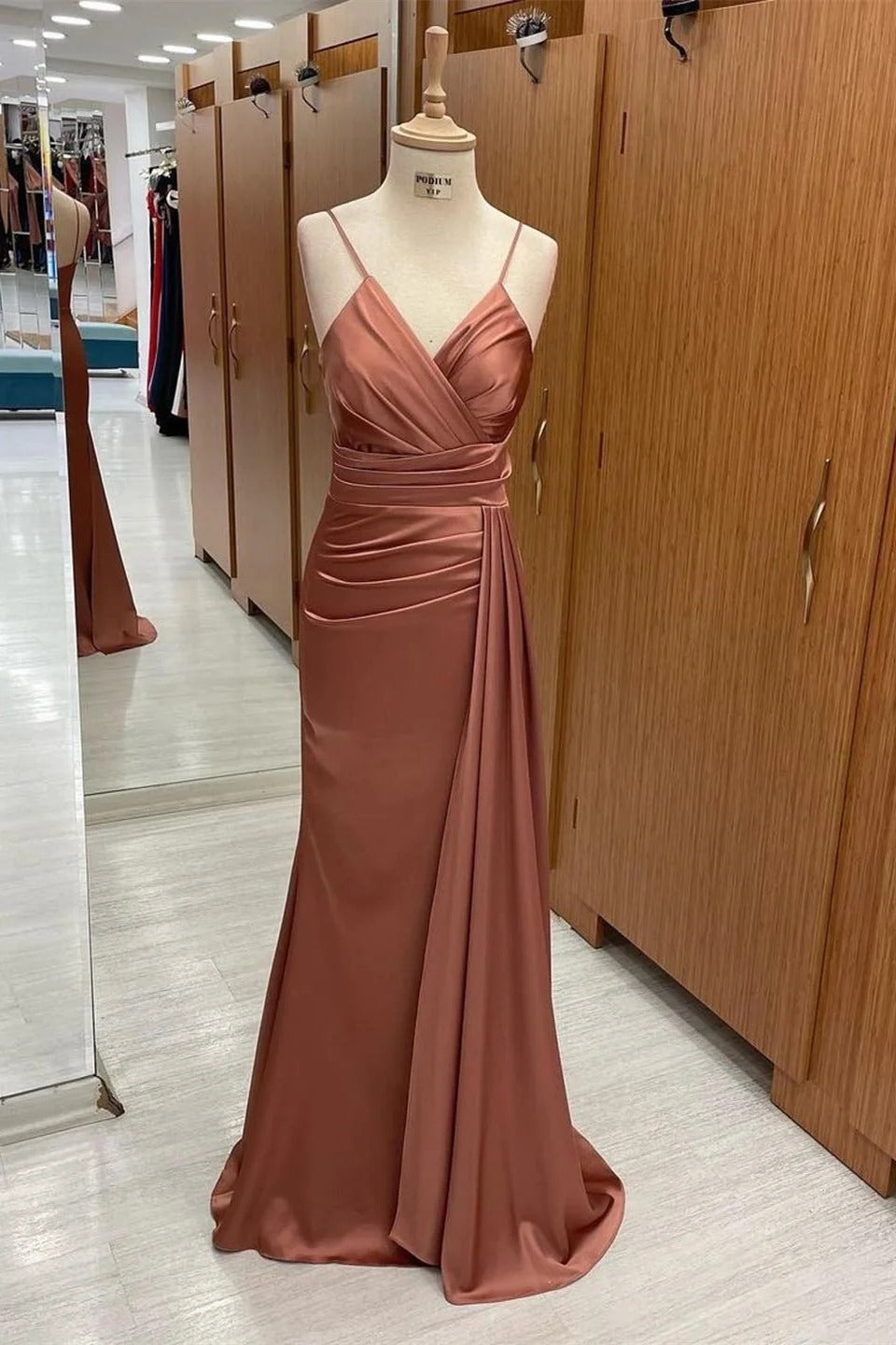 Spaghetti Strap Sleeveless Long Mermaid Formal Dress With Pleated