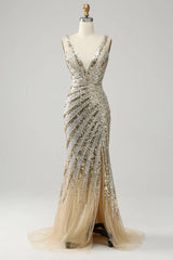 Golden Sparkle Mermaid Prom Dress with Deep V-Neck and Sequins