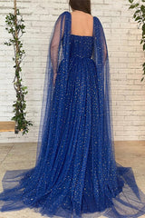 Royal Blue Long Tulle Evening Dress Beads With Ruffles