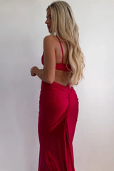 Satin Mermaid Prom Dress with Red Spaghetti Straps and Elegant Cut-out Design