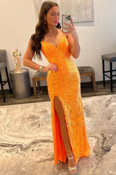 Long Orange Sequins Prom Dress with Spaghetti Straps and Front Split Sheath