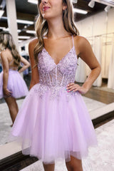 Glitter Lilac Corset A-Line Tulle Short Homecoming Dress/Mini Dress with Lace