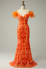 Orange Long Prom Dress with Feathers in a Mermaid Off-the-Shoulder Style