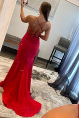 Red Long Prom Dress with Mermaid Spaghetti Straps and Criss Cross Back