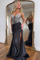Long Black Satin Beaded Prom Dress with Sweetheart Neckline and Mermaid Slit