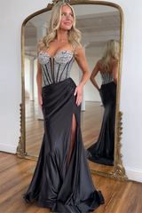 Long Satin Prom Dress with Beaded Mermaid Design in Fuchsia and Slit