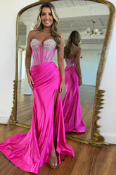 Long Satin Prom Dress with Beaded Mermaid Design in Fuchsia and Slit